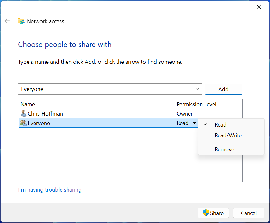 sharing files with everyone windows